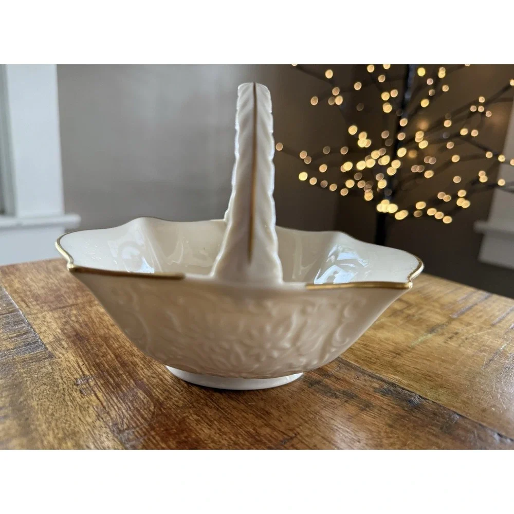 Lenox Basket With Handle San Souci Collection Ivory Oval Porcelain Gold USA Vtg